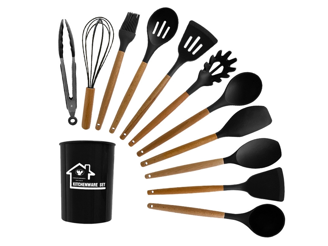 Conjunto De Utensílios De Cozinha De Silicone Antiaderente Com 12 Peças Preto Yunzii