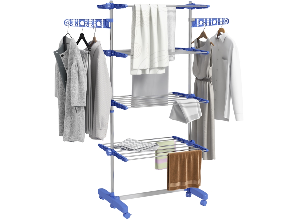 Estendal vertical MDUG de 4 níveis, com 6 rodas, prateleiras ajustáveis, 142x55x172cm, azul
