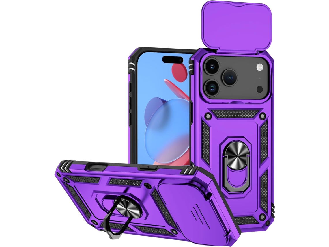 Capa Dark Roxa AEUZWR com camada magnética compatível com iPhone 17 Pro, protetor de câmera e suporte integrado, resistente a impactos.