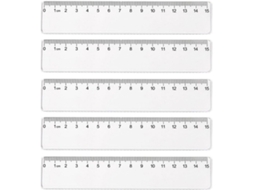 Conjunto de 5 réguas transparentes de 15 cm e 20 cm para medição, ideais para o ensino fundamental.