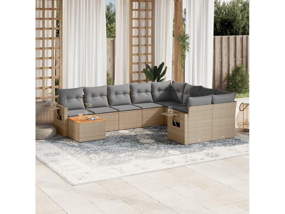 Vidaxl 10 Pcs Conjunto De Sofás P/ Jardim Com Almofadões Vime Pe Bege