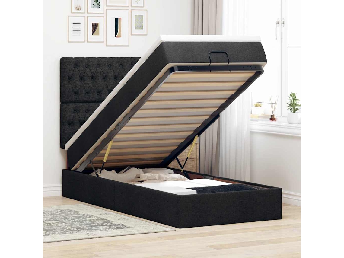 Estrutura de cama otomana com colchão preto tecido