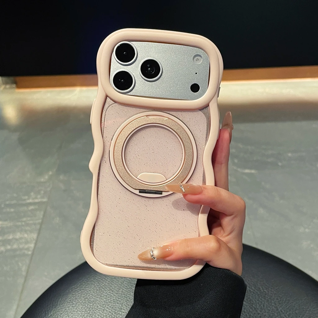 Capa Para Celular Com Suporte Magnético Giratório E Moldura Ondulada Brilhante (rosa, Para Iphone 15)