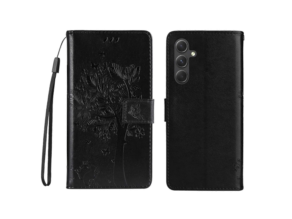 Capa De Celular Tkdaddy Para Samsung Galaxy A55 5g Com Suporte E Estampa De Gato E Árvore, Carteira De Couro, Preta