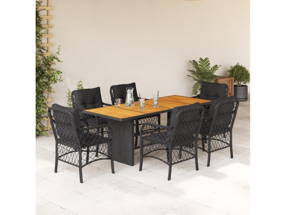 Vidaxl 7 Pcs Conjunto de Jantar P/ Jardim C/ Almofadões Vime Pe Preto