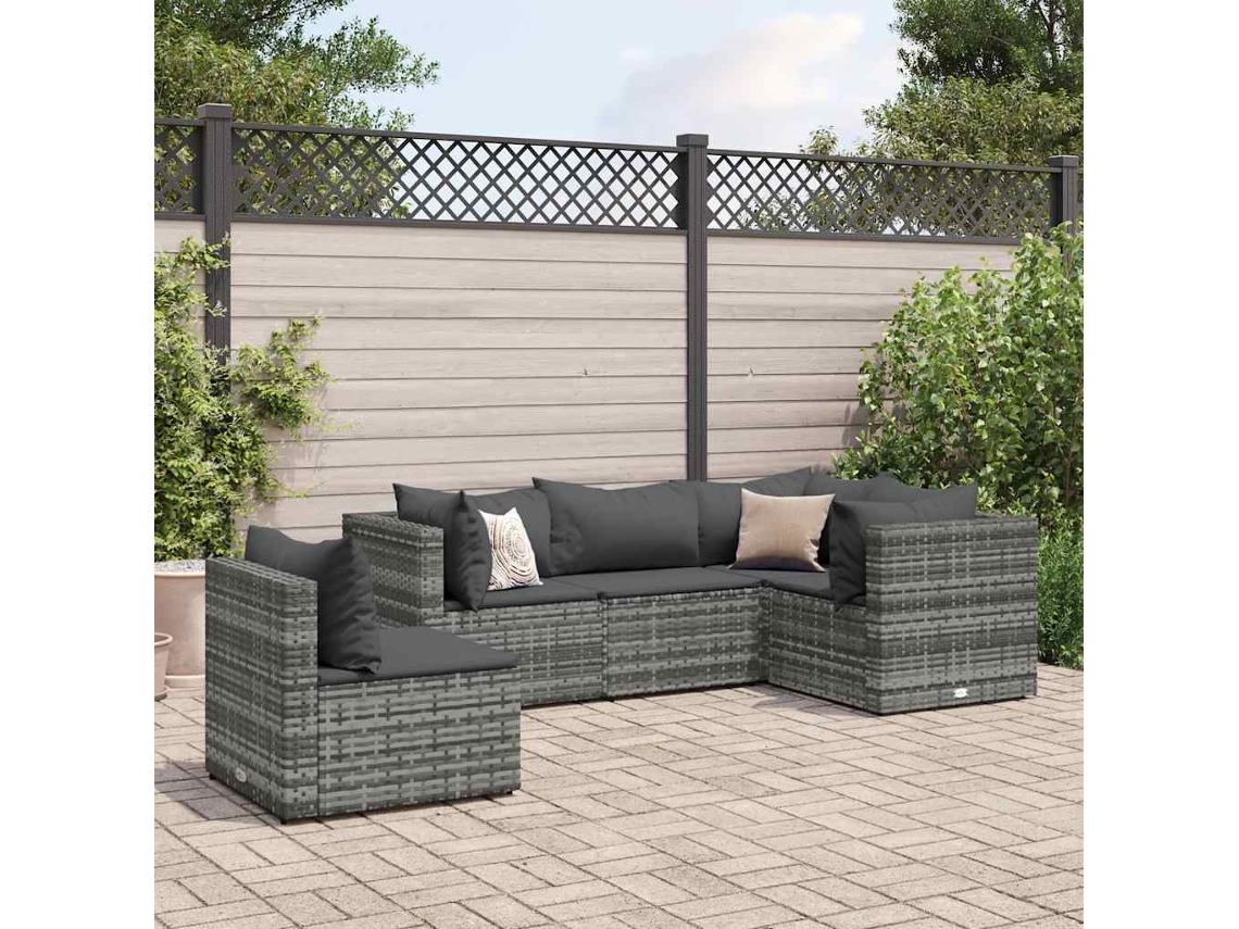 5 Pcs Conjunto Lounge De Jardim C/ Almofadões Vime Pe Cinza Dkd Home Decor