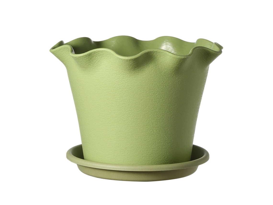 Vaso Em Resina Com Borda Ondulada (20 Cm De Diâmetro, 14,5 Cm De Altura, Com Prato)