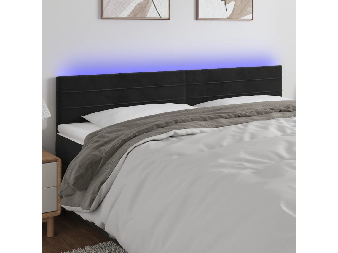 Vidaxl Cabeceira De Cama C/ Luzes Led Veludo 180x5x78/88 Cm Preto