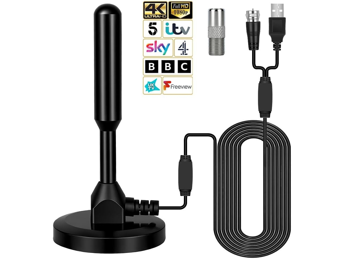 Antena interna para TV digital terrestre HD, com cabo de 5 m, base magnética e amplificador de sinal, discreta e portátil.