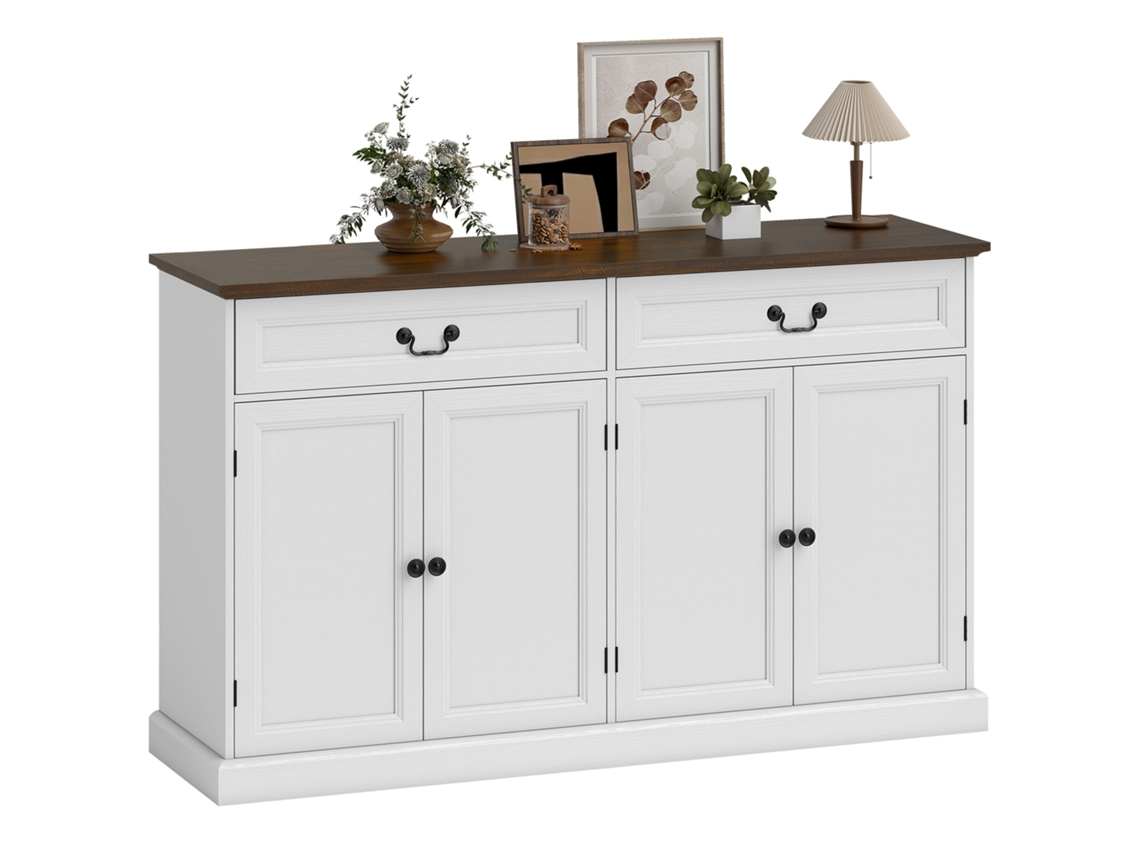 Aparador de sala com 4 portas, 2 gavetas, prateleiras ajustáveis, 140x40x85cm branco marrom