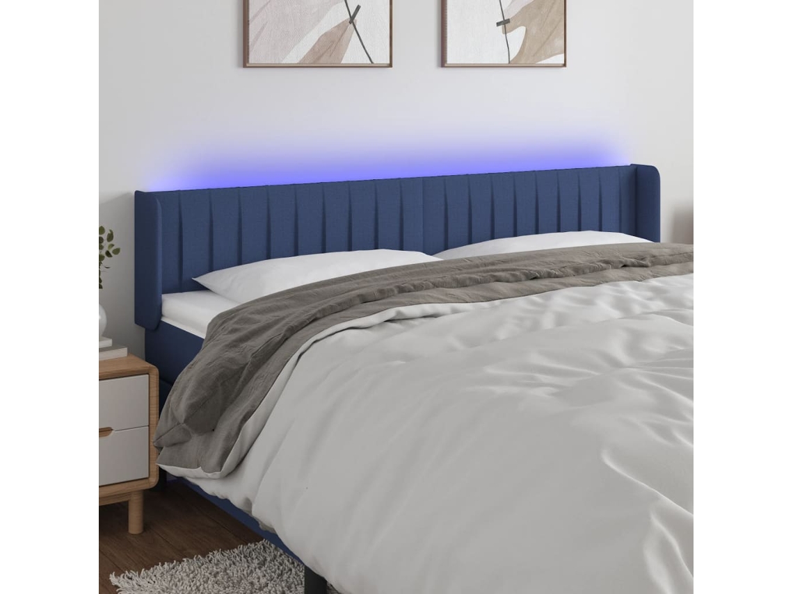 Vidaxl Cabeceira De Cama C/ Luzes Led Tecido 163x16x78/88 Cm Azul