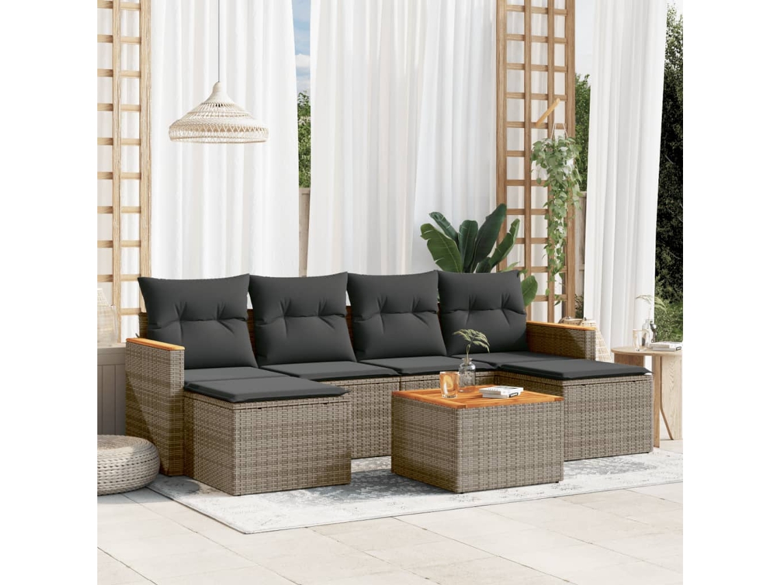 Vidaxl 7 Pcs Conjunto Sofás P/ Jardim C/ Almofadões Vime Pe Cinzento