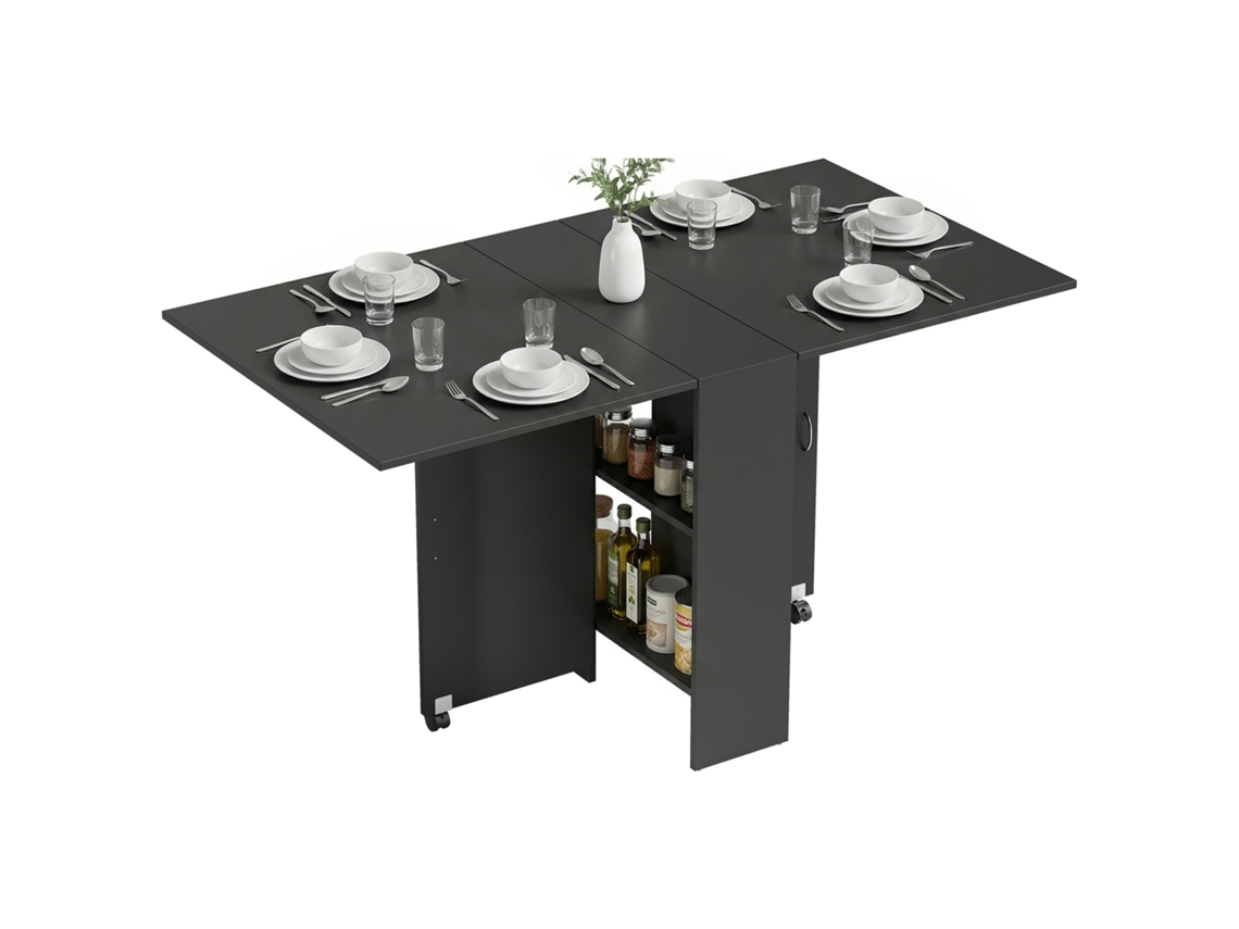 Mesa De Cozinha Dobrável Com 2 Prateleiras De Armazenamento E Laterais 75x140x74 Cm Preto
