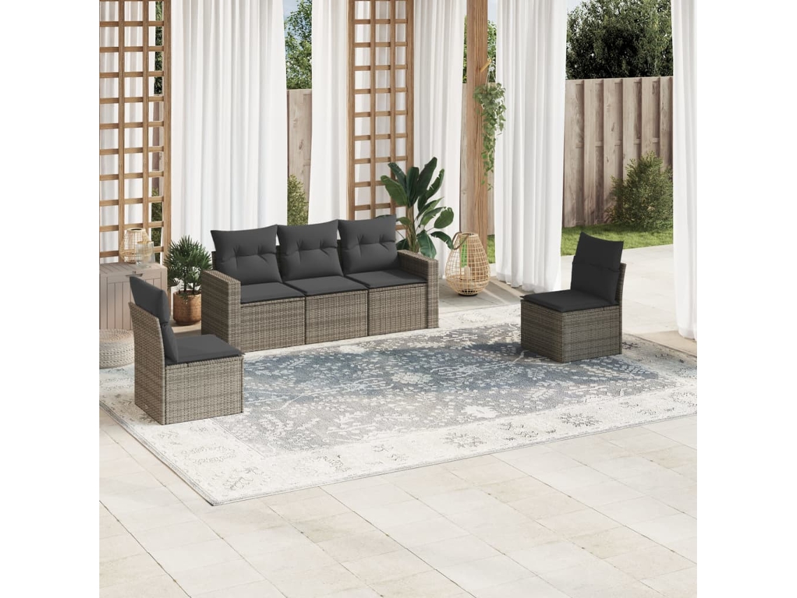 Vidaxl 5 Pcs Conjunto Sofás De Jardim C/ Almofadões Vime Pe Cinzento