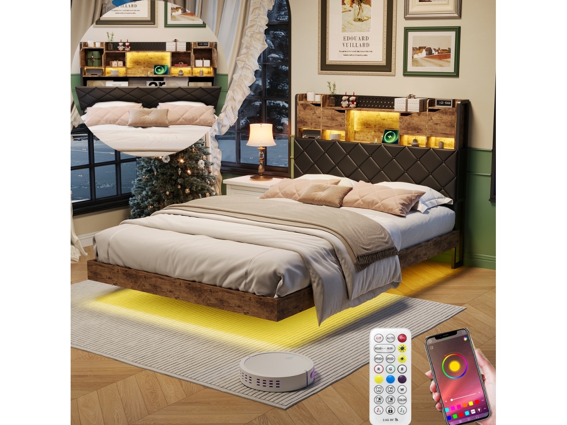 Cama Juvenil Estofada 160x200cm Led Usb Cama Flutuante Cabeceira Estrado BURSDANY
