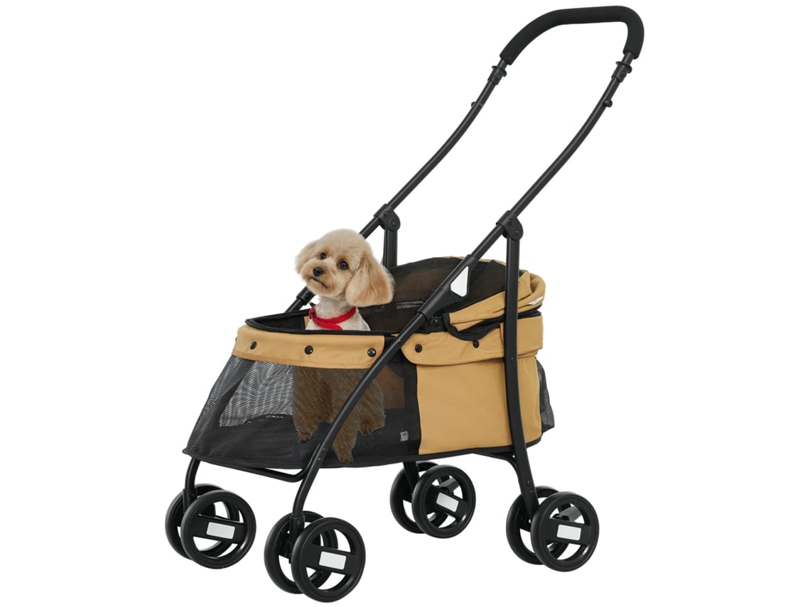 Carrinho dobrável NOVAVEST para Cães Pequenos com janelas de tela, almofada lavável, cintos de segurança e estrutura de aço, cor café