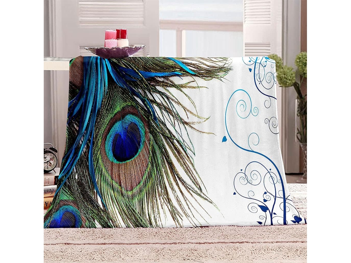 Manta com Estampa 3d de Penas Verde em Microfibra 180x200cm