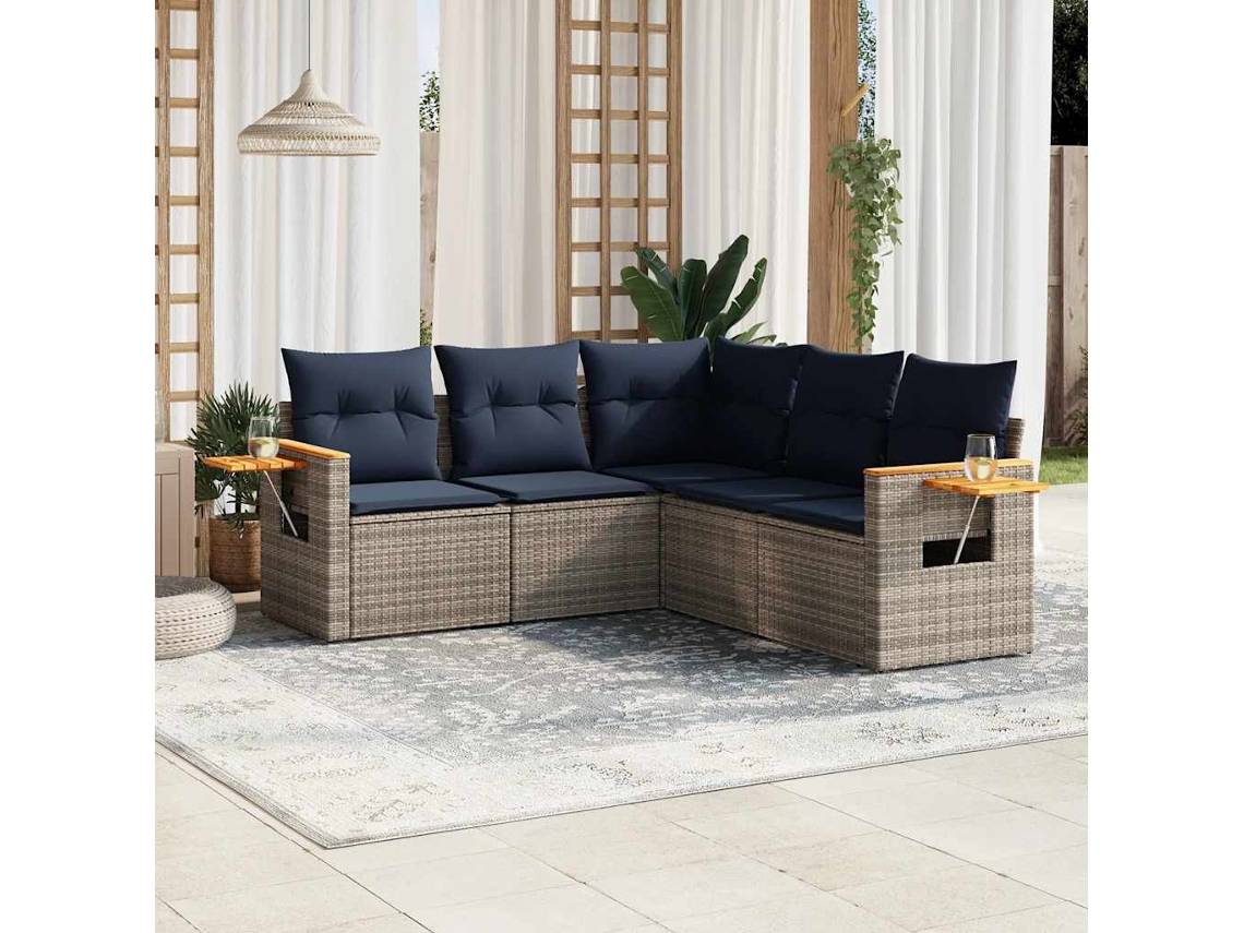 Vidaxl 5 Pcs Conjunto Sofás P/ Jardim C/ Almofadões Vime Pe Cinzento