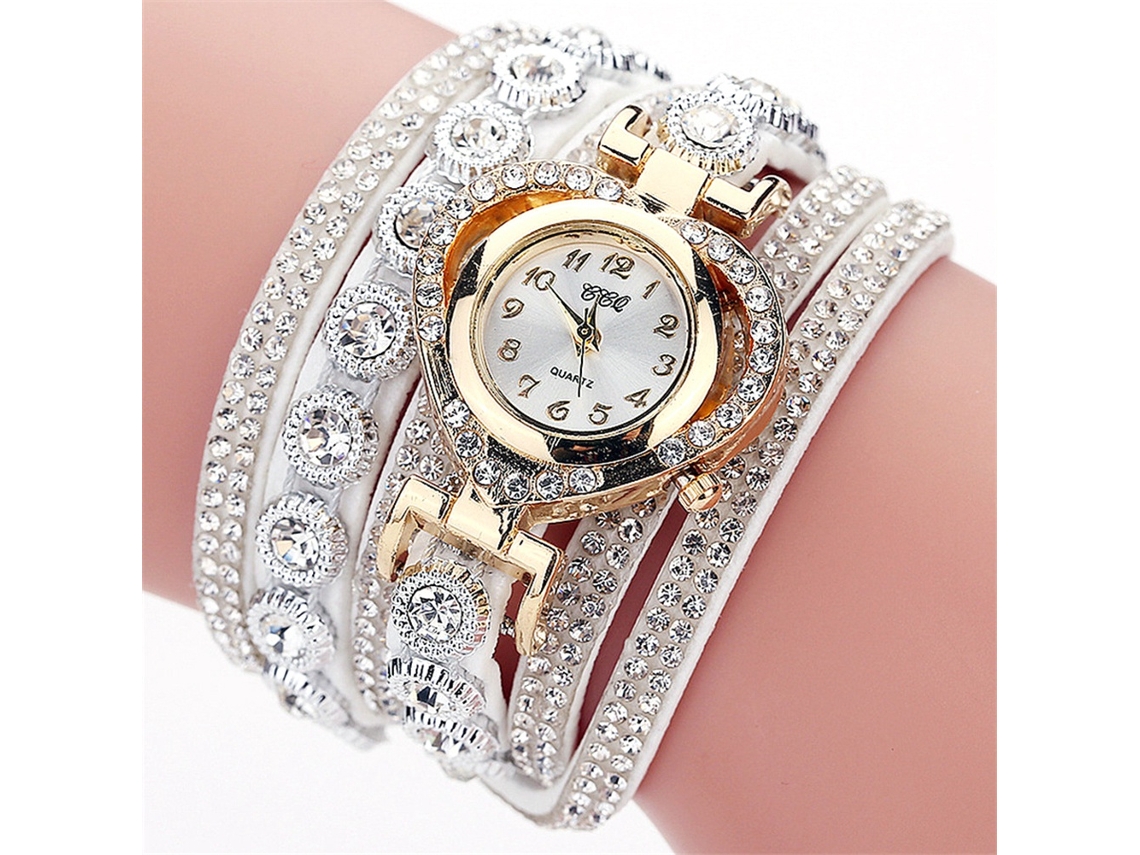 Relógio de Pulso Feminino com Esfera Coração e Strass Pulseira Múltiplas Camadas Branco