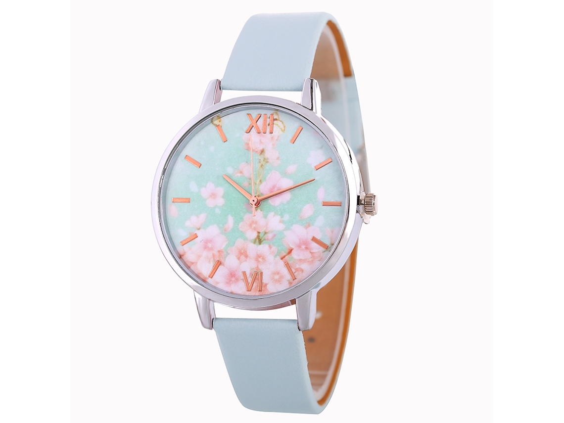Relógio de Pulso Feminino Zhoulianfa de Quartzo com Pulseira de Couro Pu Azul Claro