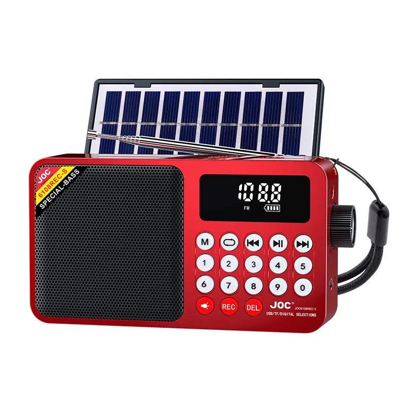 Mini Rádio de Emergência com Visor Led, Energia Solar, Alto falante Bluetooth e Gravador, Compatível com Cartão Tf e Interface Usb. MDUG (vermelho)