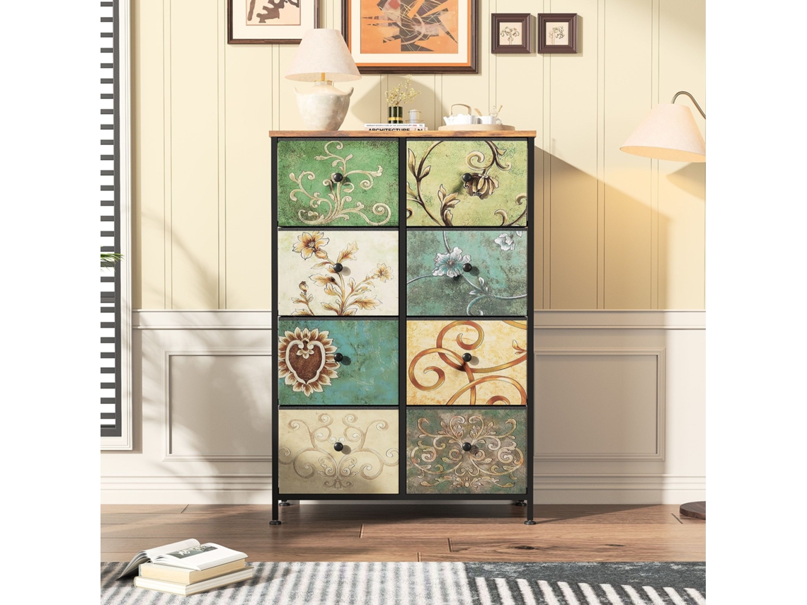 Cómoda 67,5x30x100 Cm Com 8 Gavetas, Móvel De Arrumação Vintage Pintado, Aparador Com Estrutura Metálica Preta, Mdf