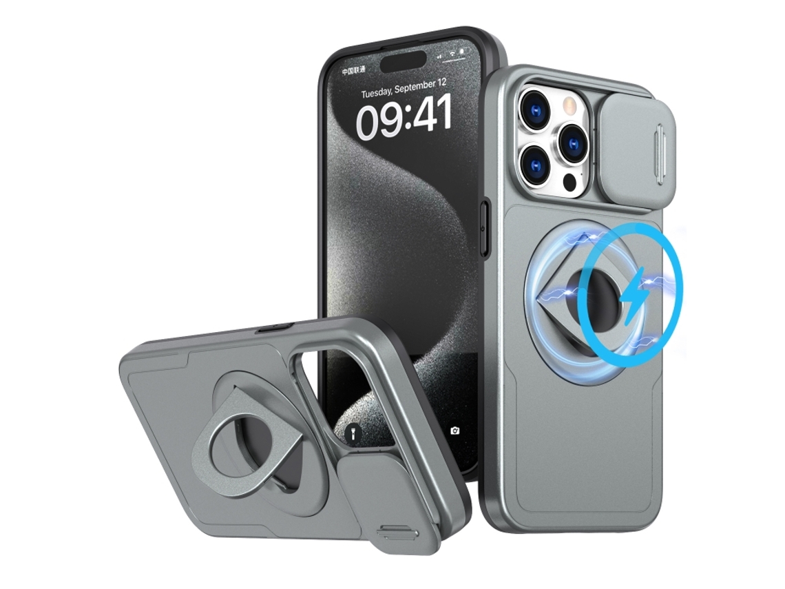 Capa Zruxe Compativel Com Iphone 15 Pro Max (camshield Magsafe - Ring Holder - Armor - Cinza Titanio)