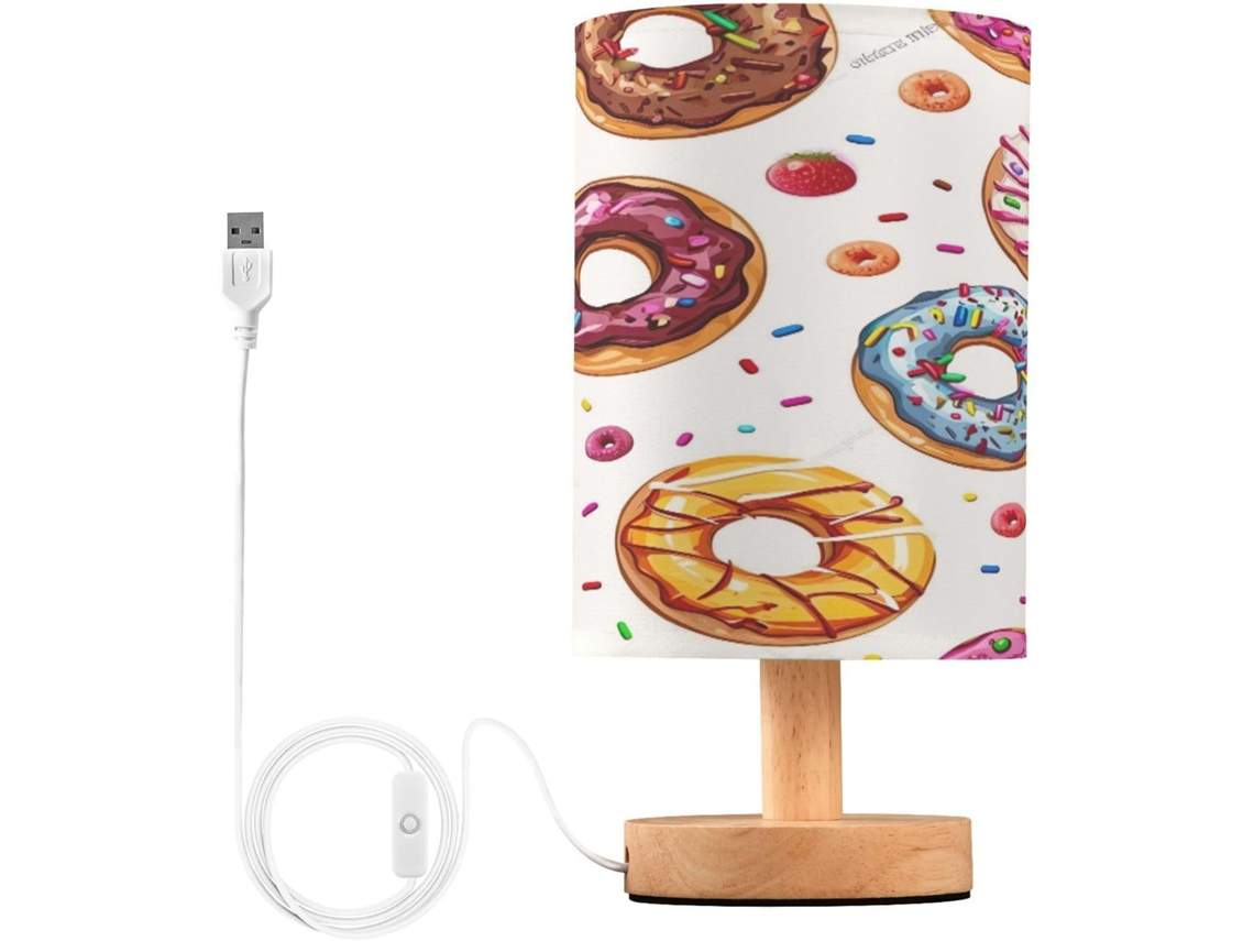 Luminária De Cabeceira Skyshu Em Formato Donut, Pequena Luminária De Mesa Led Usb Com Base Madeira Antiderrapante E