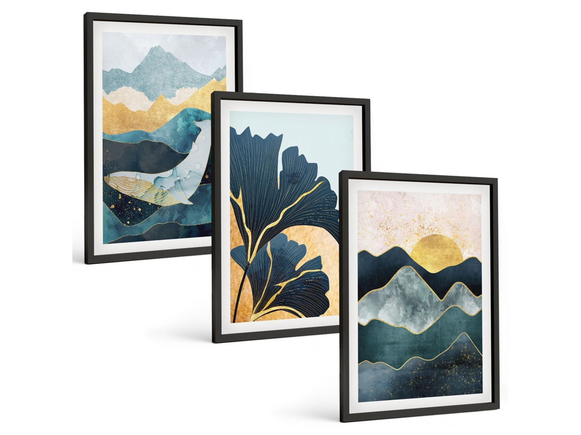 Pinturas Murais Modernas Vistas Abstratas De Montanhas Moldura Preta Pinturas De Quarto Espelharte (3 Piezas De 40x60 Cm)