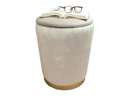 Banco Relaxdays Em Veludo Com Arrumação, Estofado, A X D: 42 X 32 Cm, Pufe Redondo Para Sala, Bege