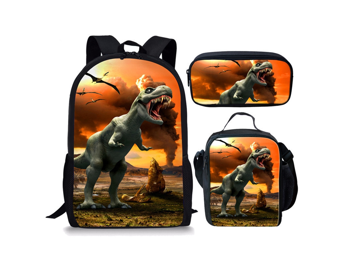 Mochila Escolar, Infantil, Estampa De Dinossauro Com Lancheira