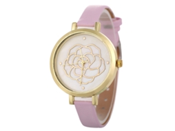 Relógio Feminino de Couro Rosa com Mostrador Redondo e Movimento de Quartzo Fashion