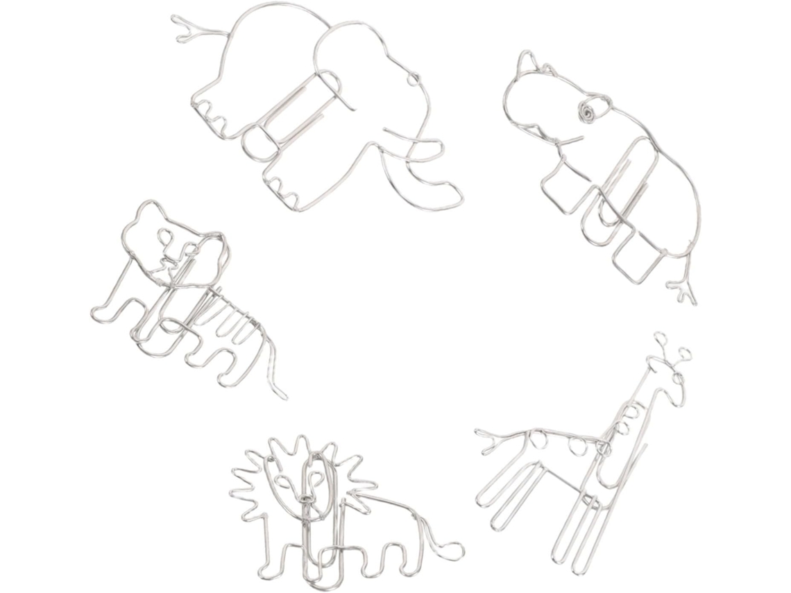 Conjunto de 5 Clips Metálicos em Formato de Animais para Organização de Documentos, Cor Prateada, Design Inovador e Elástico