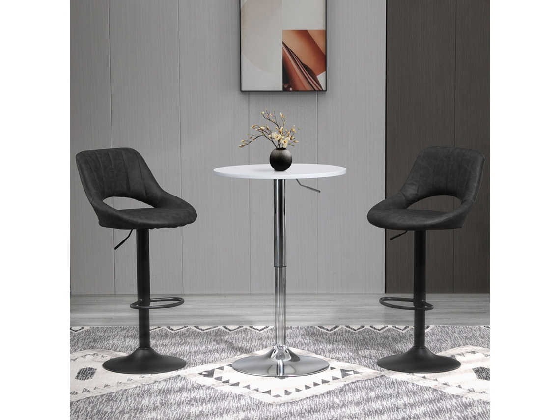 Conjunto de 2 banquetas giratórias de cozinha, altura ajustável, com apoio para os pés, design em couro e estrutura metálica, 44x49x90-110cm, cinza.