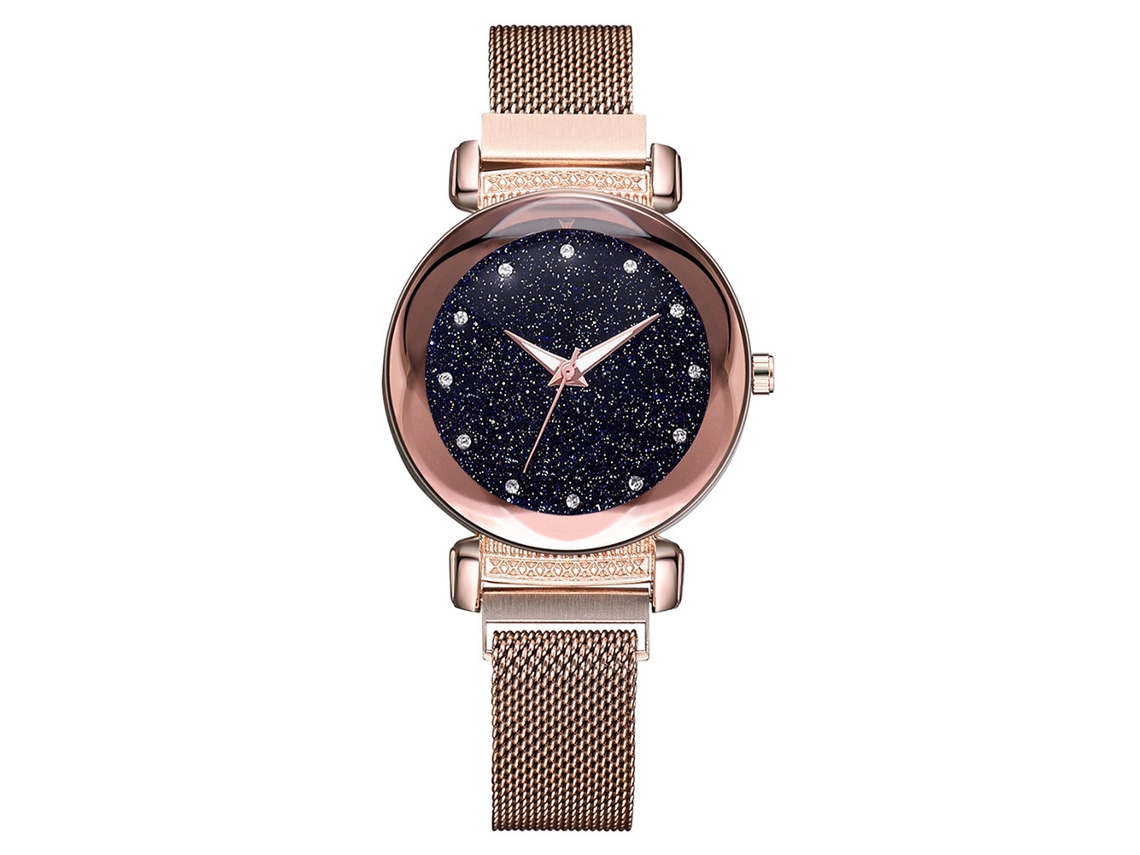 Relógio de Pulso Feminino de Quartzo com Pulseira de Liga e Strass Rosa Ouro Branco