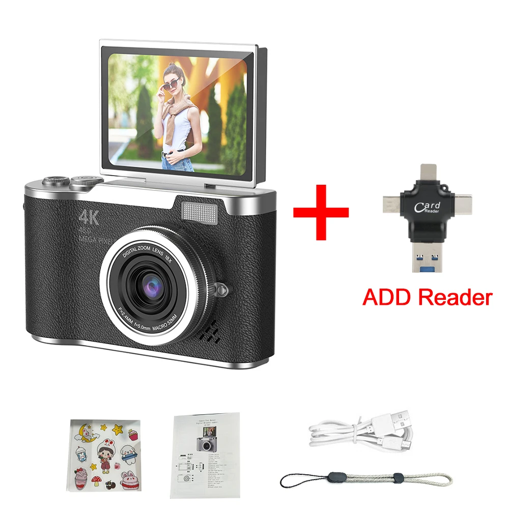Câmera Digital 4k 48mp Câmera Infantil Foco Automático Tela de 2,4 Polegadas Giratória em 180° MDUG (preta com Leitor de Cartão 8gb)