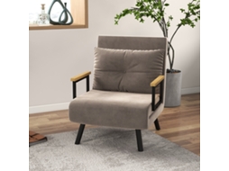 Fauteuil Conversível 4 em 1 Cama 1 Lugar Encosto 5 Posições, Apoios de Braço em Madeira e Almofada, Tecido Efeito Veludo, Castanho