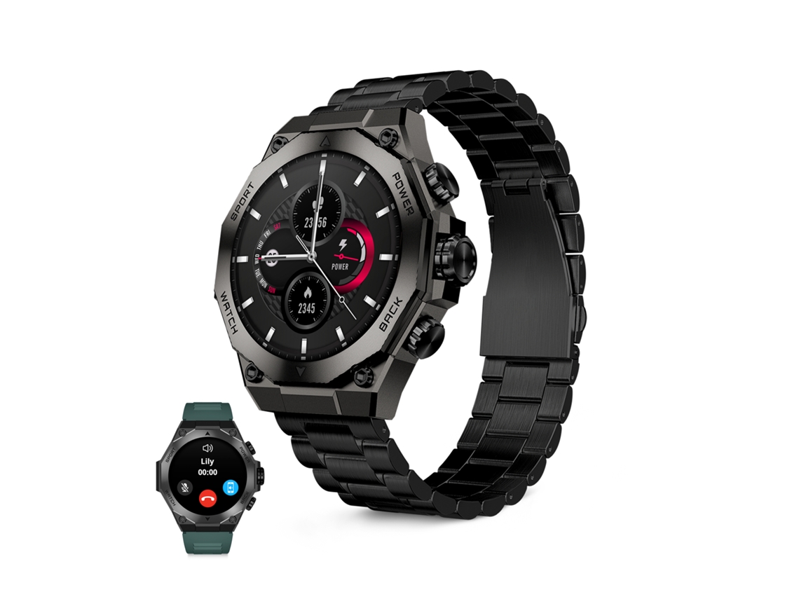 Smartwatch Ksix Titanium Go, Ecrã Amoled 1,43", Autonomia 4 Dias, Pulseira Aço Inoxidável Preto E Silicone Verde