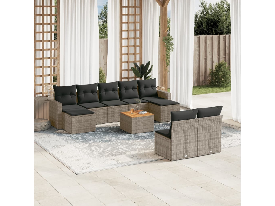 Vidaxl 10 Pcs Conjunto Sofás De Jardim C/ Almofadões Vime Pe Cinzento