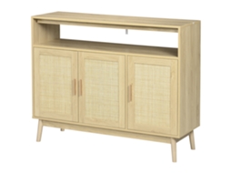 Aparador com 3 portas de vime, prateleiras ajustáveis, pés de madeira, 120x40x97 cm S/MARCA