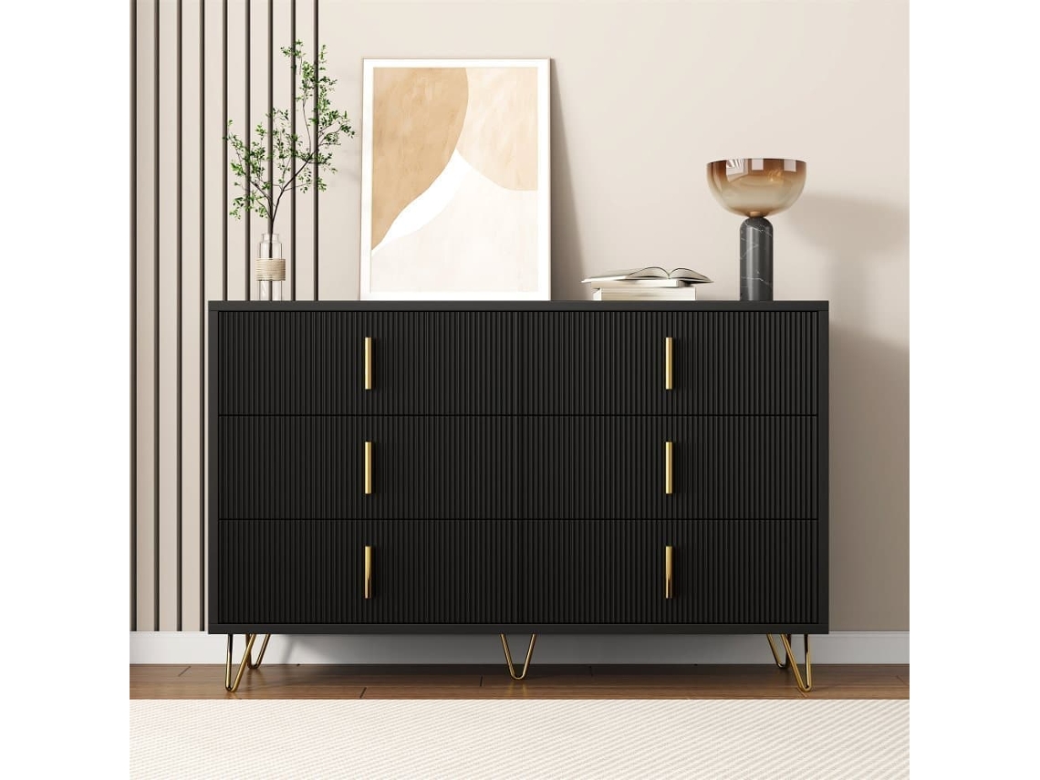 Aparador 120x40x77 Cm - Com 6 Gavetas - Puxadores Dourados - Preto