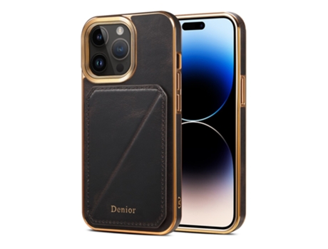 Denior Casa Em Tpu Pele Genuína Galvanizado, Com Suporte E Porta-cartões Para Apple Iphone 14 Pro Max - Preto