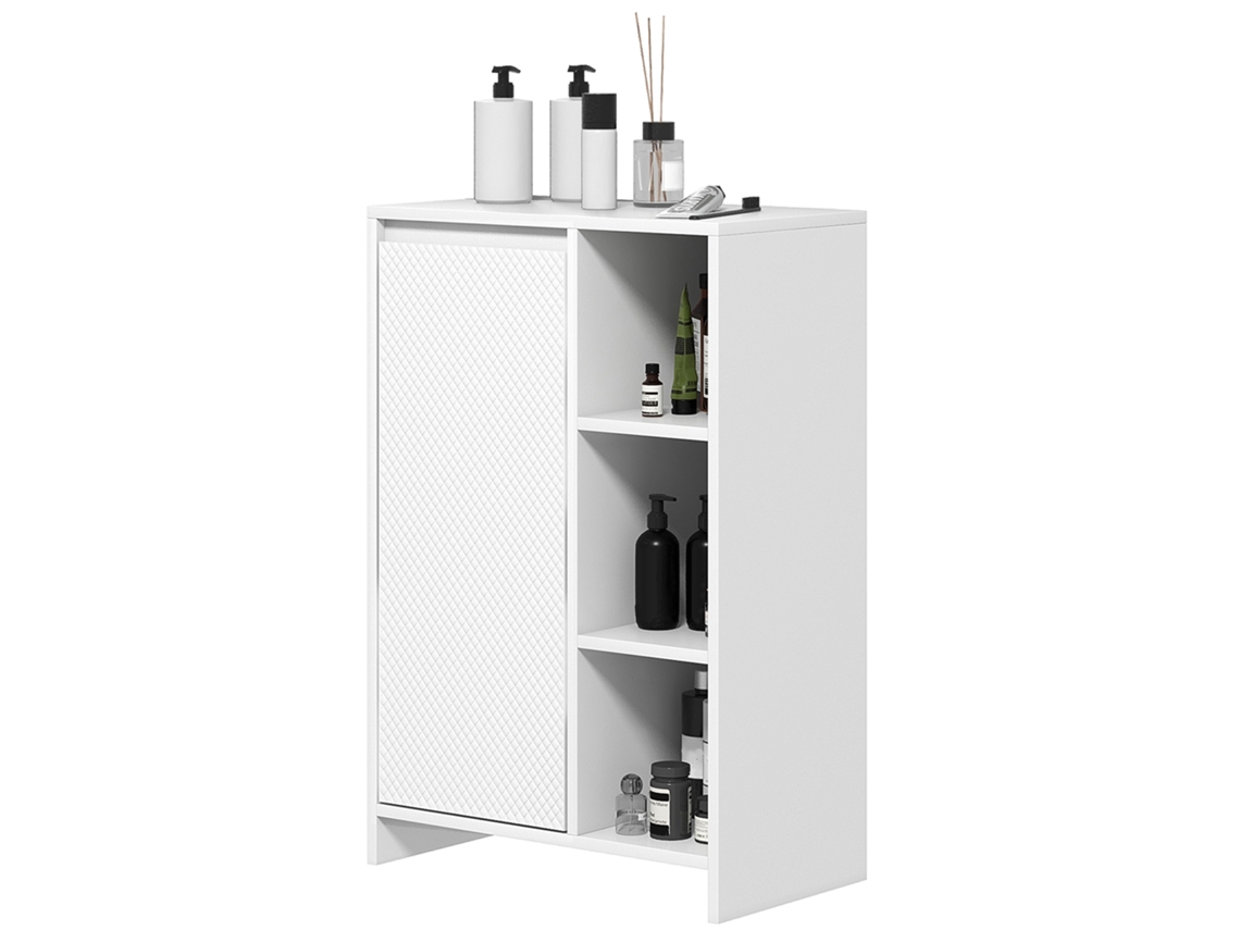 Móvel Auxiliar De Casa De Banho Armário De Com Prateleiras Abertas Porta E Ajustável 53x30x80 Cm Branco