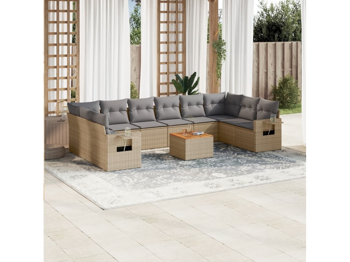 Vidaxl 11 Pcs Conjunto Sofás De Jardim C/ Almofadões Vime Pe Bege