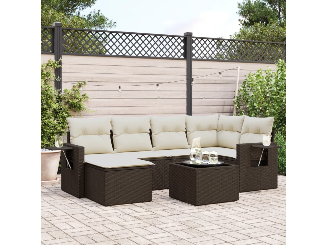 Vidaxl 7 Pcs Conjunto De Sofás Jardim C/ Almofadões Vime Pe Castanho