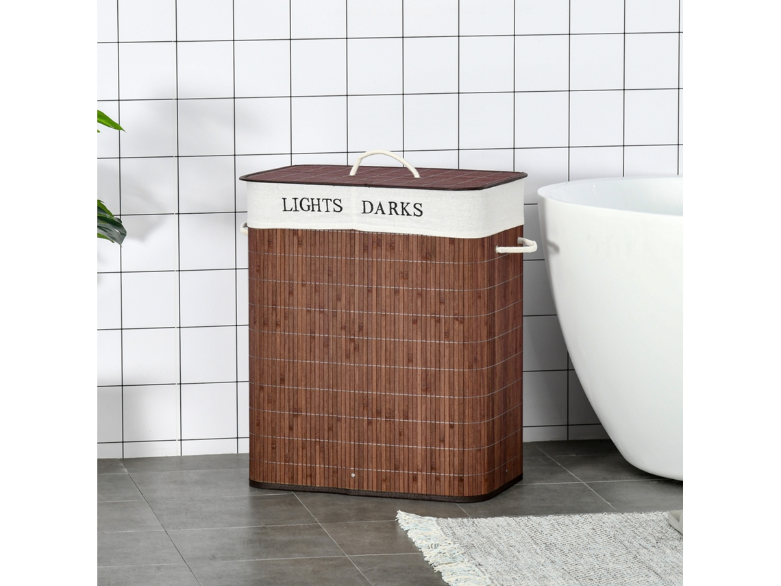 Cesto De Roupa 100l Com 3 Alças E Saco Lavável Removível Bambu, Algodão E Metal Marrom E Branco 52x32x63cm Quenty