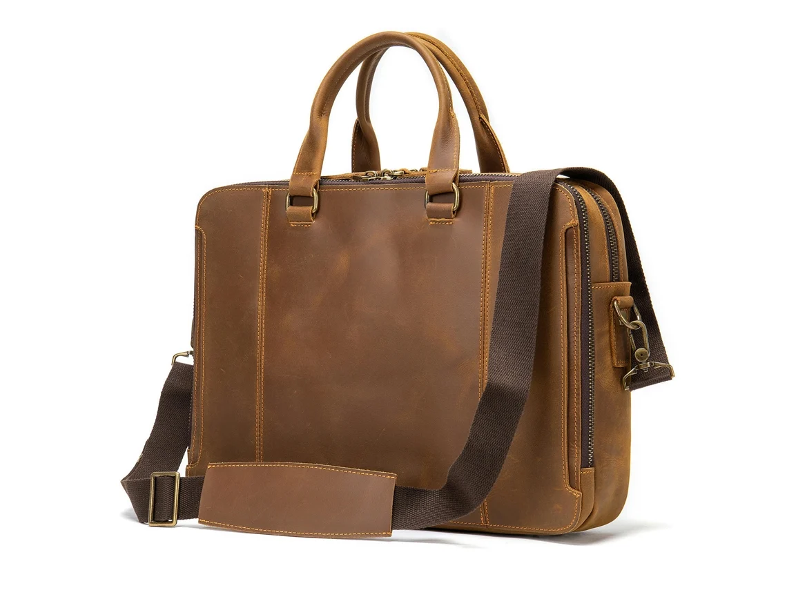 Pasta de Couro Genuíno Vintage para Homens Laptop Computador Mensageiro Bolsa de Ombro Transversal-Café