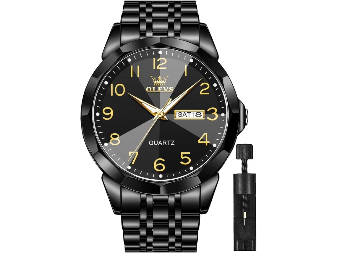 Lurelia Relógio Masculino, Movimento De Quartzo, Data/calendário, Luminoso, Detalhes Com Strass, 41 Mm, 11 Mm, Aço Inoxidável, Abs, Preto