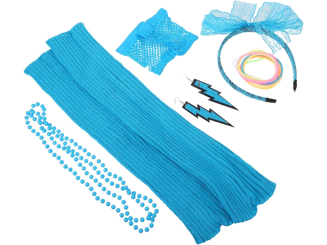 Looks Retrô Rave Neon Para Mulheres: Polainas De Rede Neon, Tiara Neon, Colar De Pérolas