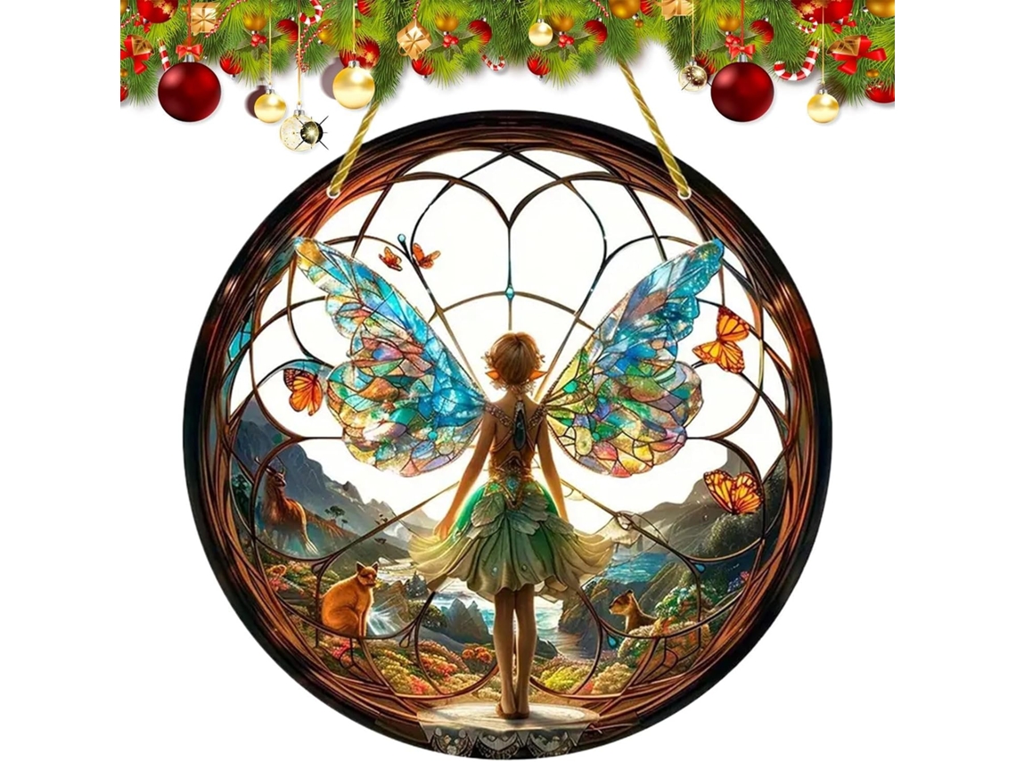 Borboleta Fada Apanhadora de Sol Pingente Circular de Acrílico em Estilo Retrô Ornamento Fantástico para Pendurar CHABERLU